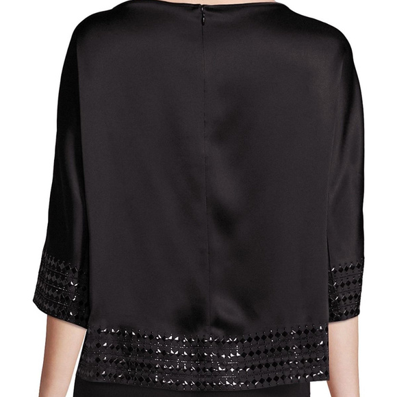 $695 St John Black Sequin-Trim Liquid Satin Top M - Picture 2 of 7